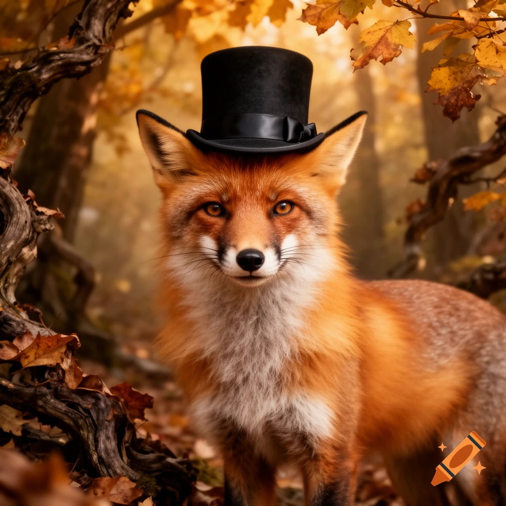 A photorealistic fox wearing a black top hat looks forward in an autumn forest with orange leaves.