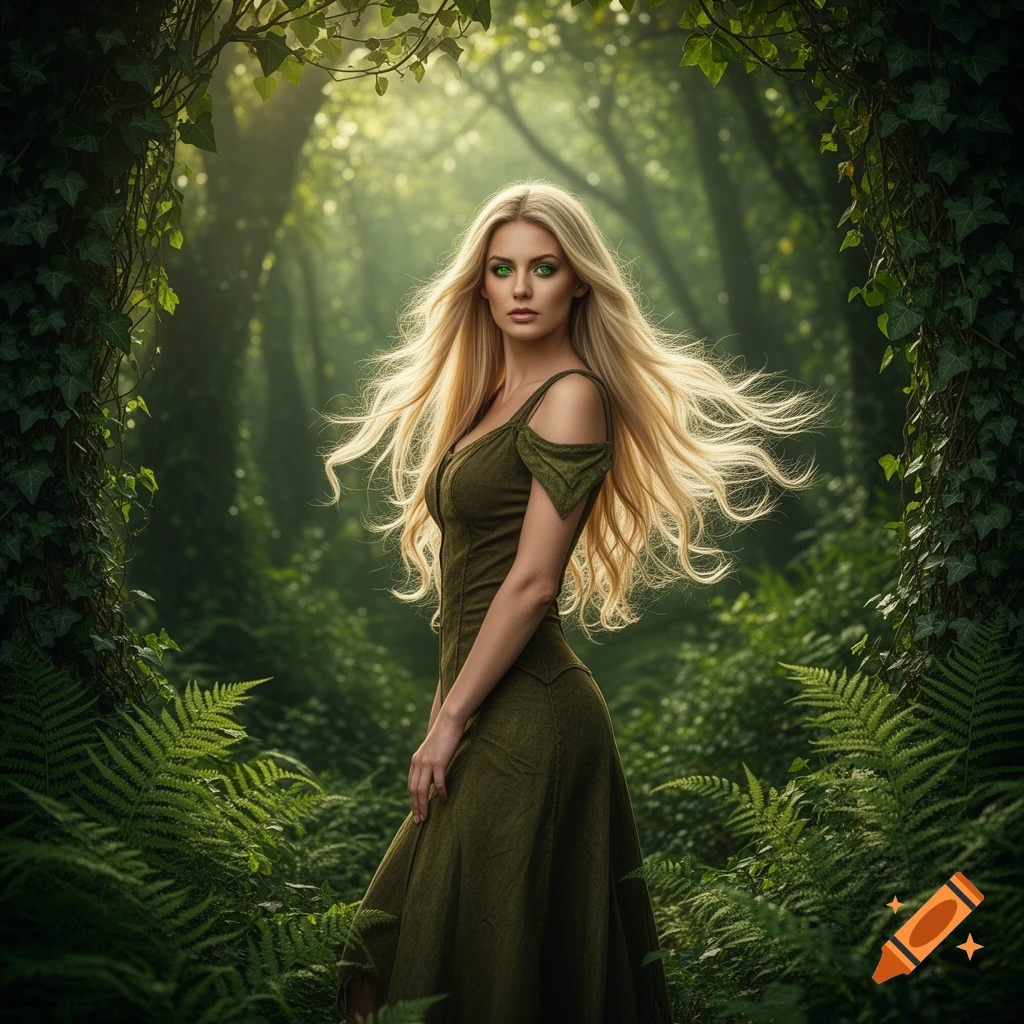 A beautiful enchantress with long blonde hair and glowing green eyes in a dark green dress stands in a mystical, lush forest.