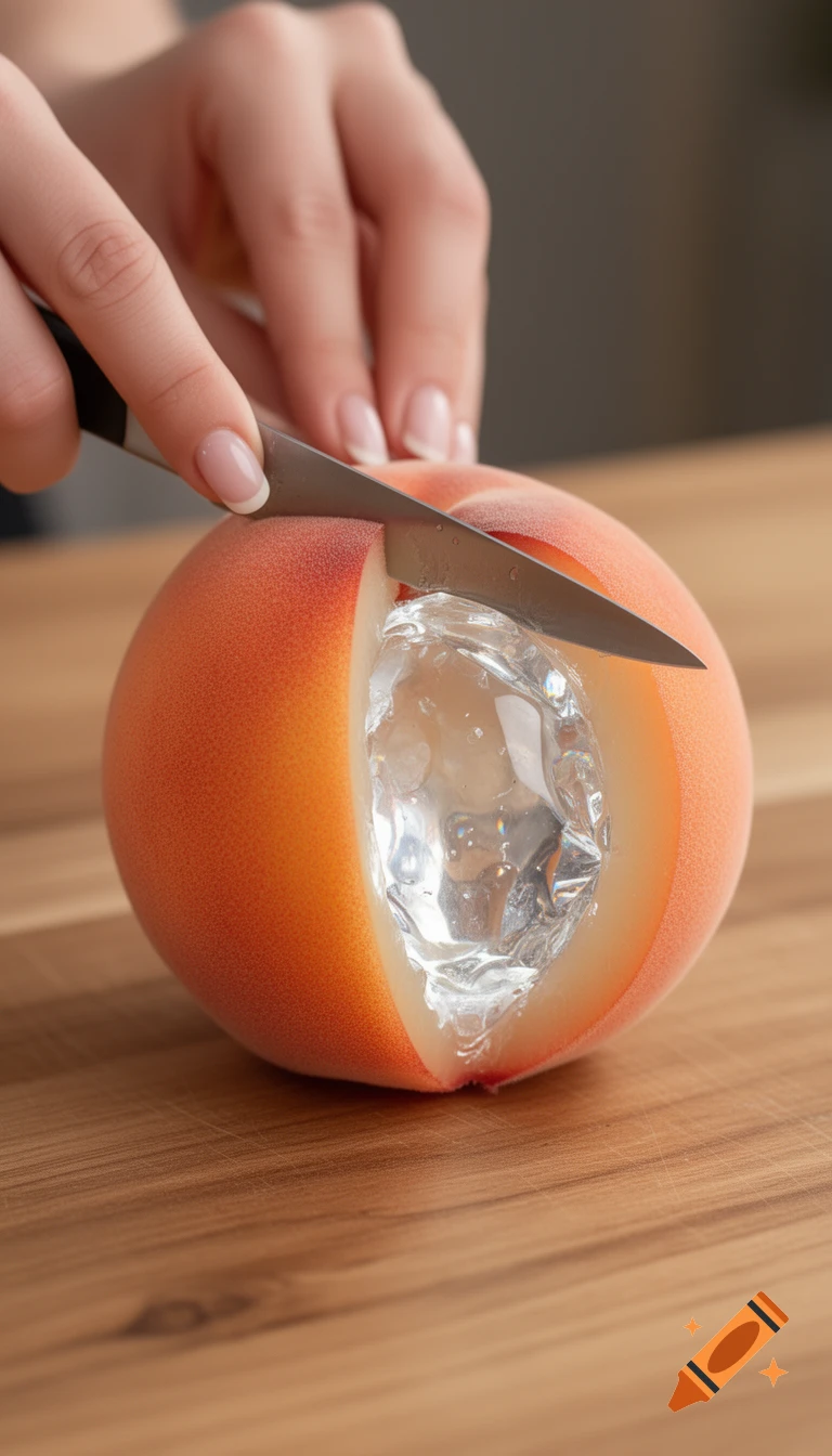 A hand slices into a peach on a wooden table, revealing a transparent, crystalline interior instead of a pit.
