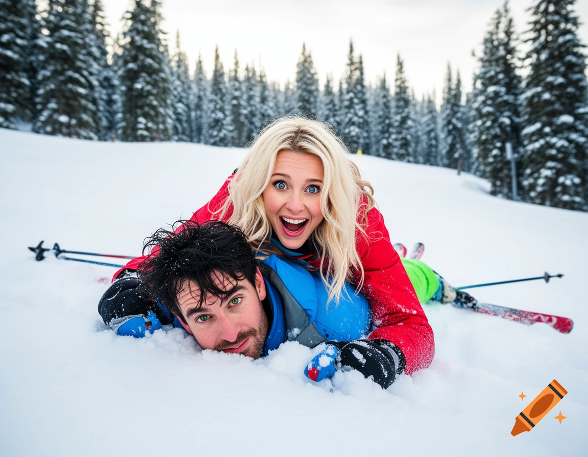 A smiling blonde woman lies on a man in the snow on a ski slope, pine trees in the background.
