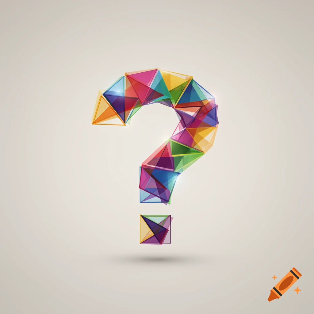 A colorful, abstract question mark symbol made of translucent geometric triangles, against a light background.