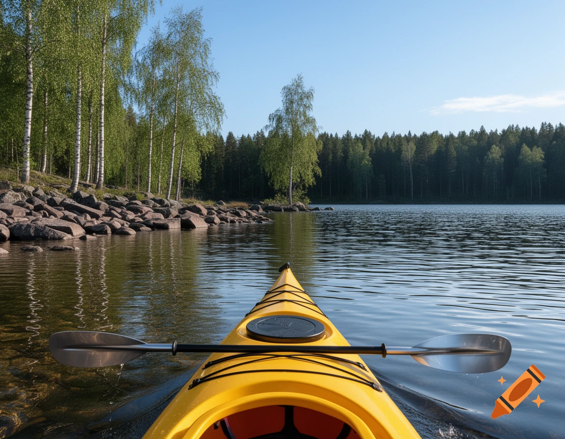 First-person view from a yellow kayak on a calm lake, with a rocky shore and birch trees leading to a forest under a clear sky.