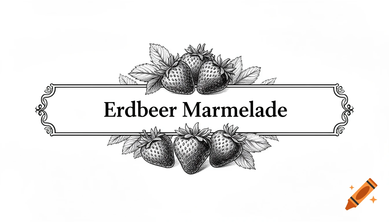 Black and white illustrated label for strawberry jam with detailed strawberries, leaves, and decorative frame around 'Erdbeer Marmelade' text.