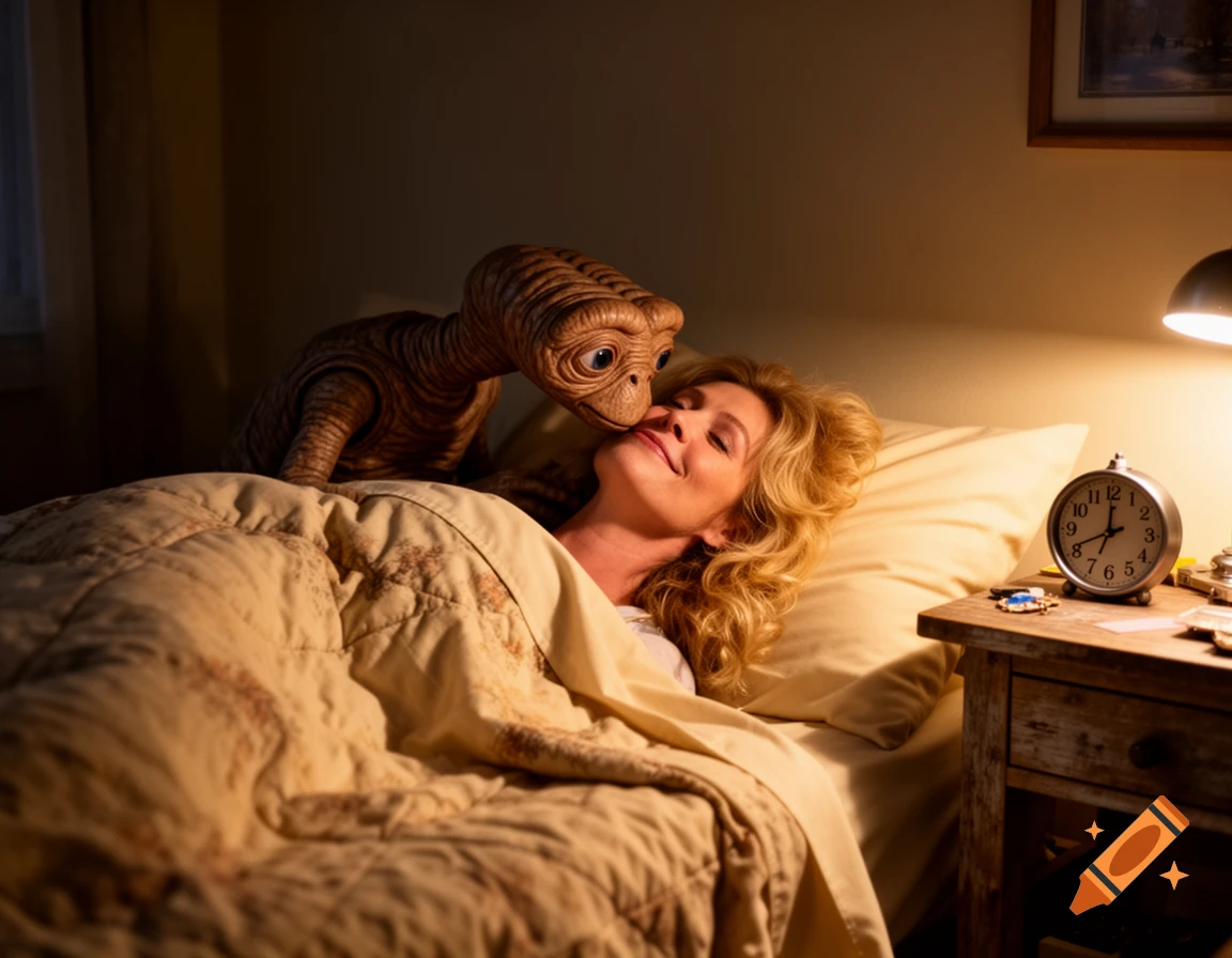 Photorealistic image of E.T. leaning over a woman sleeping in bed, gently kissing her cheek under the warm glow of a lamp.