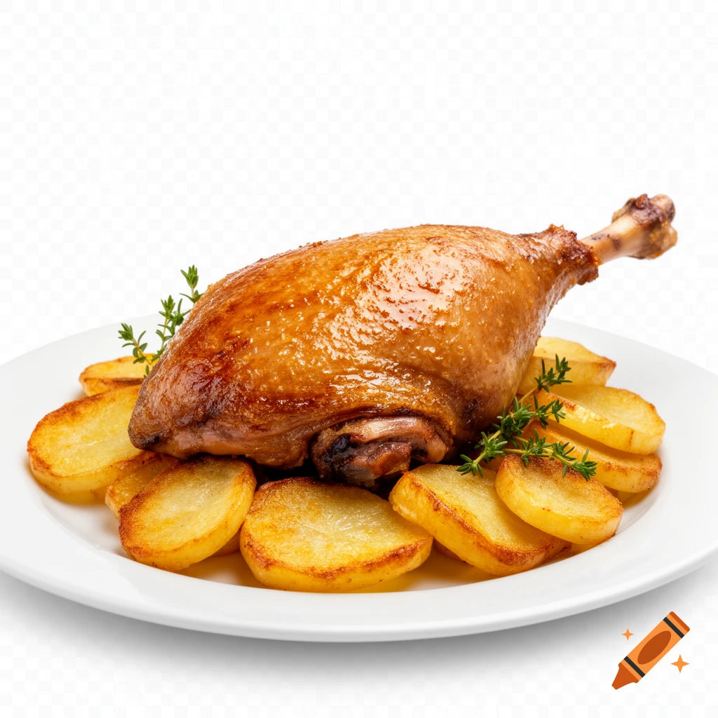 Photorealistic roasted duck confit on a white plate with Sarladaise potatoes and thyme, isolated on a transparent background.