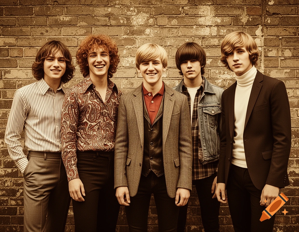 Five young men in 1960s attire, with distinct hairstyles and clothing, stand smiling against a brick wall.
