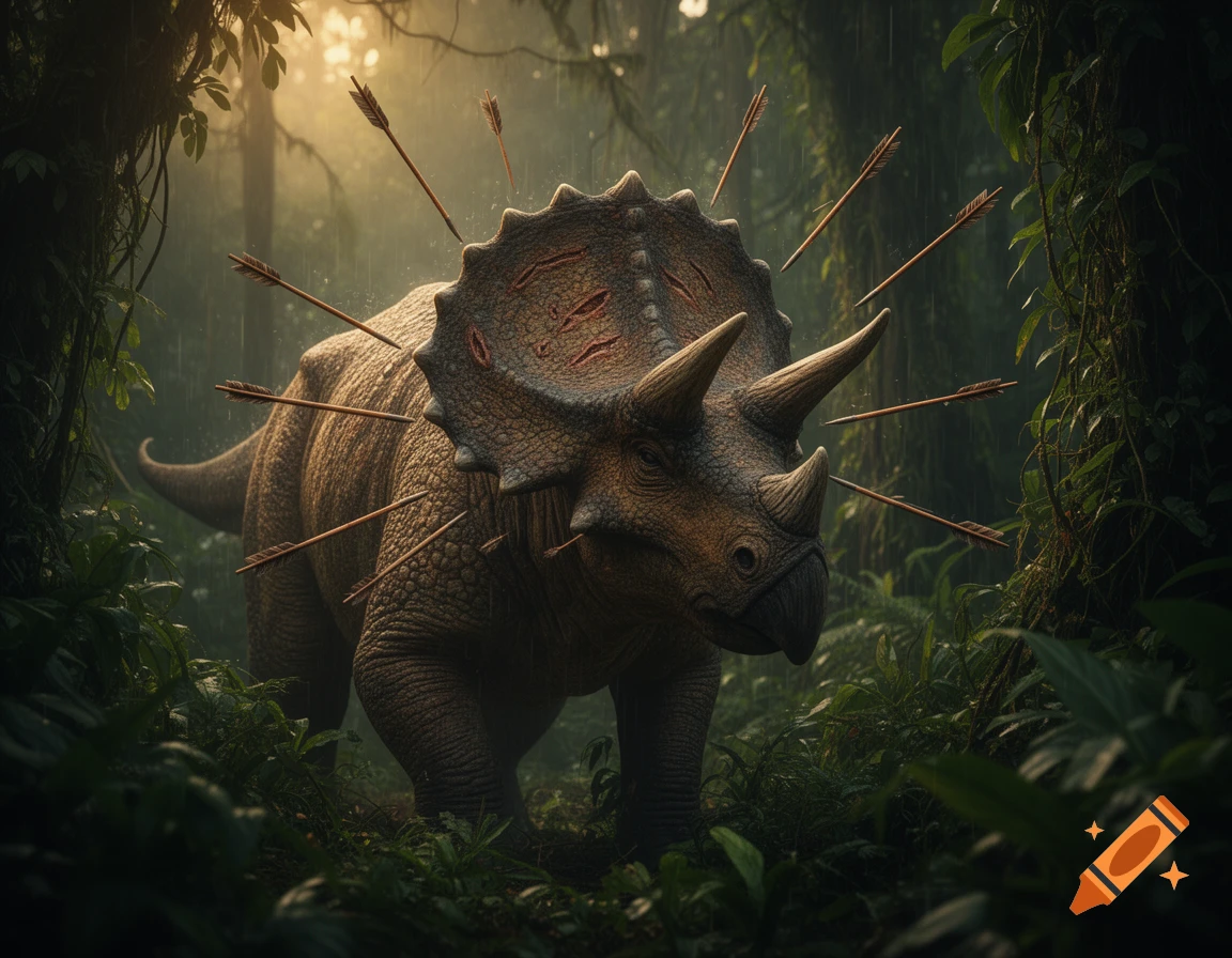 A photorealistic triceratops with many arrows stuck in its back and frill stands in a lush, rainy jungle.