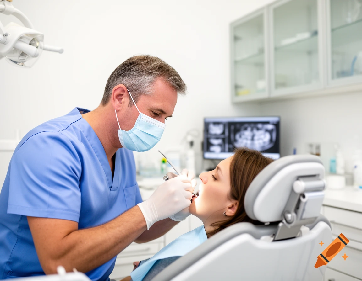 A male dentist in blue scrubs and a face mask examines a female patient in a dental chair, using dental tools, in a brightly lit clinic.