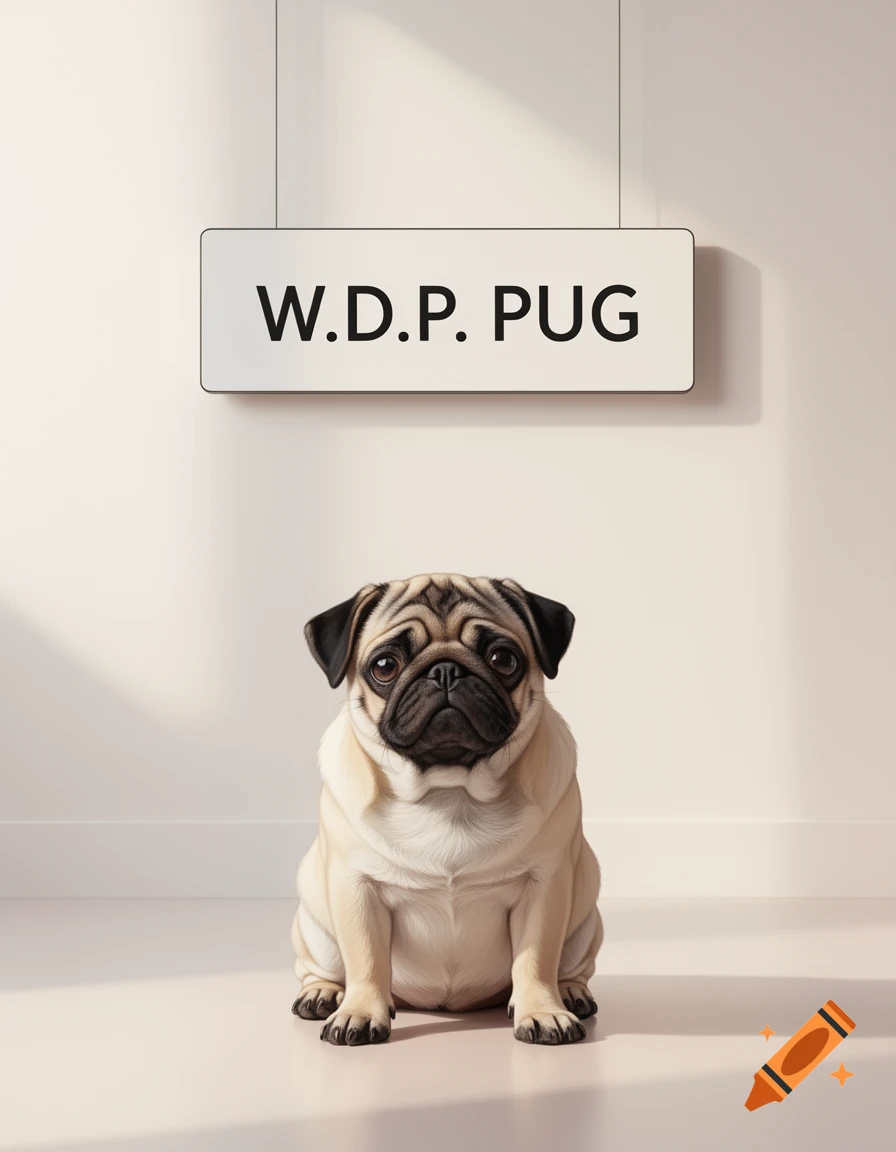 A photorealistic light-colored pug dog sits on a light floor, looking directly forward, beneath a sign that reads "W.D.P. PUG".