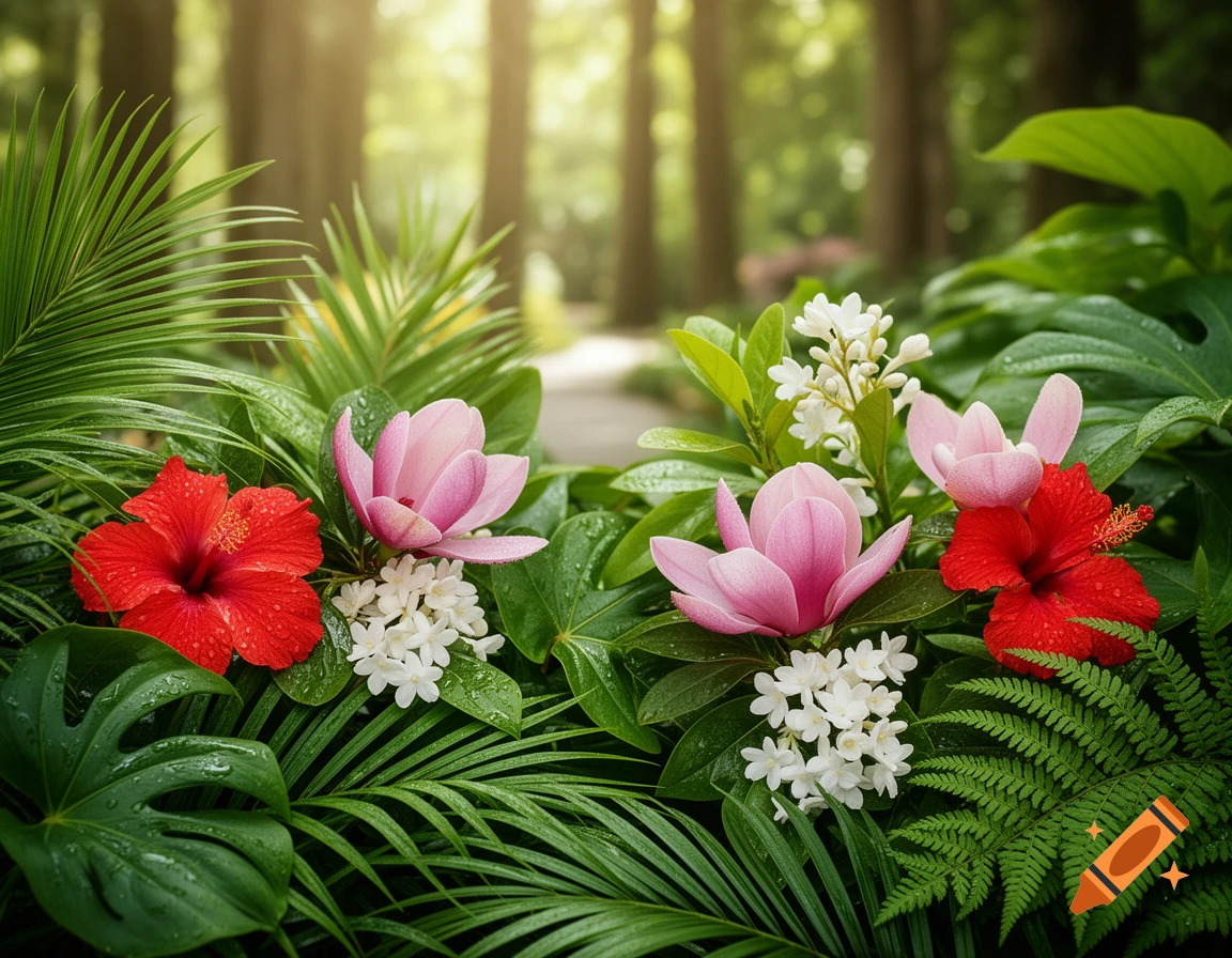 Vibrant red hibiscus and pink magnolia-like flowers among lush green tropical leaves with water droplets, in a forest setting.