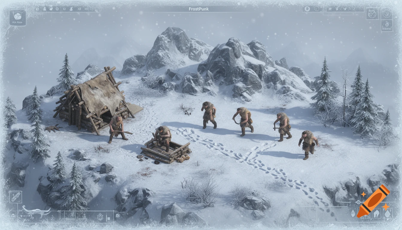 An isometric screenshot from a survival colony simulation game set in a snowy, mountainous ice age. Primitive huts and five gatherers in furs are visible.