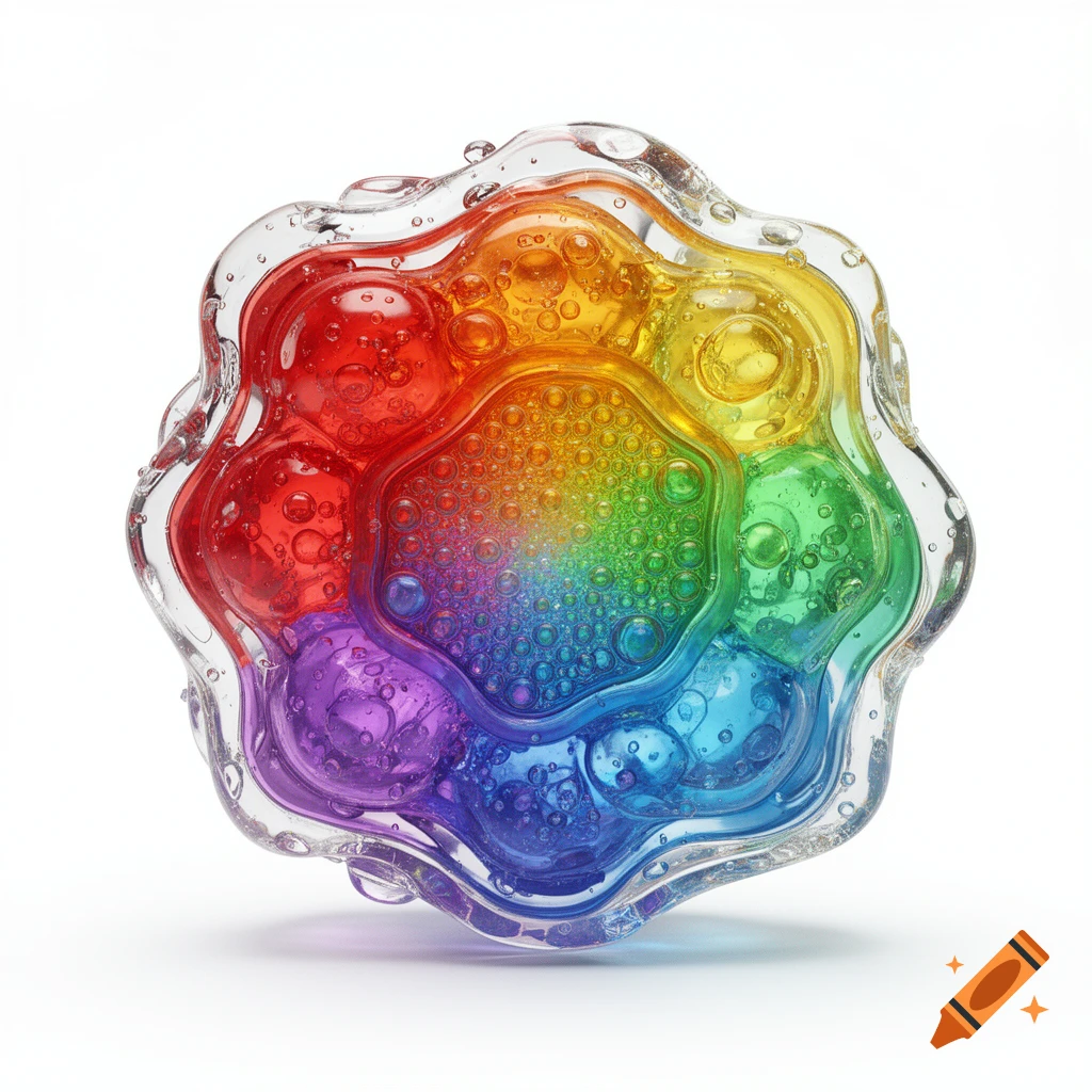 A hyper-glossy, iridescent, biomorphic object resembling a translucent rainbow gel organism with bubble-like lobes, on a white background.