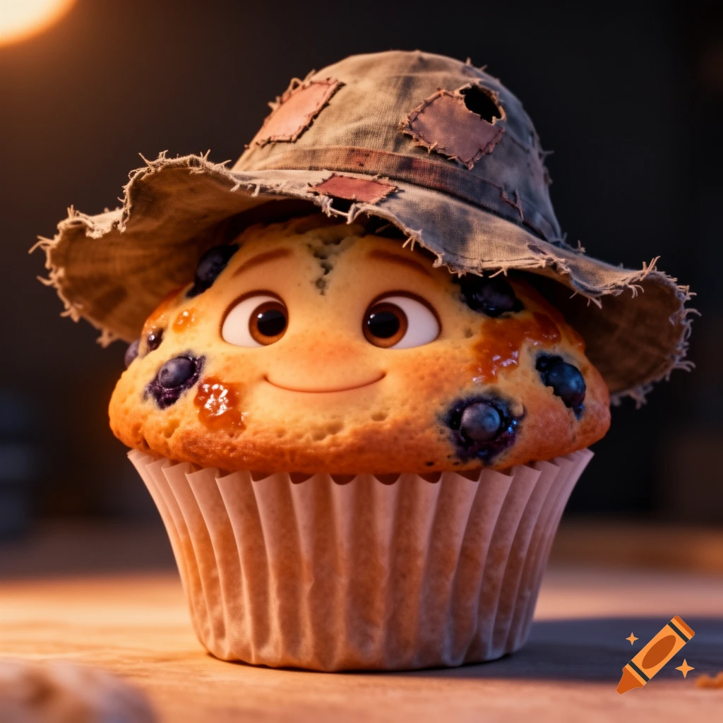 Close-up Pixar-style illustration of a cute blueberry muffin character wearing a raggedy hat, with kind eyes and a smile.