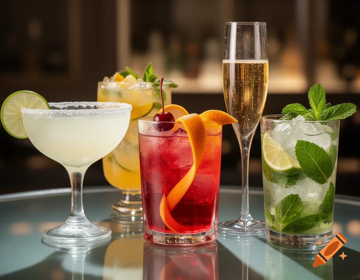 Five different photorealistic cocktails, including a margarita, a red drink, a yellow drink, champagne, and a mojito, on a reflective surface.