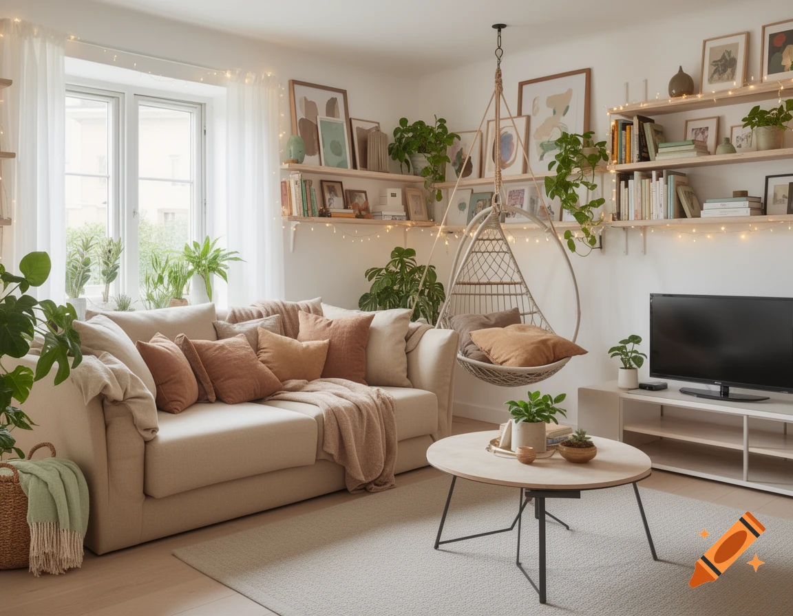 A cozy living room featuring a beige sofa, hanging chair, coffee table, plants, bookshelves with art, and string lights.