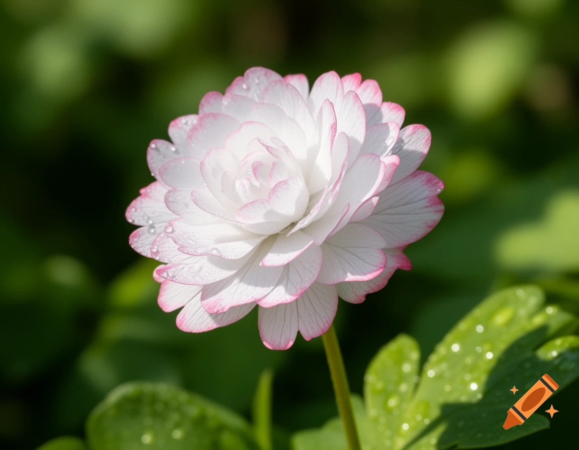 A close-up of a white flower with pink-edged petals and water droplets, against a soft green background.