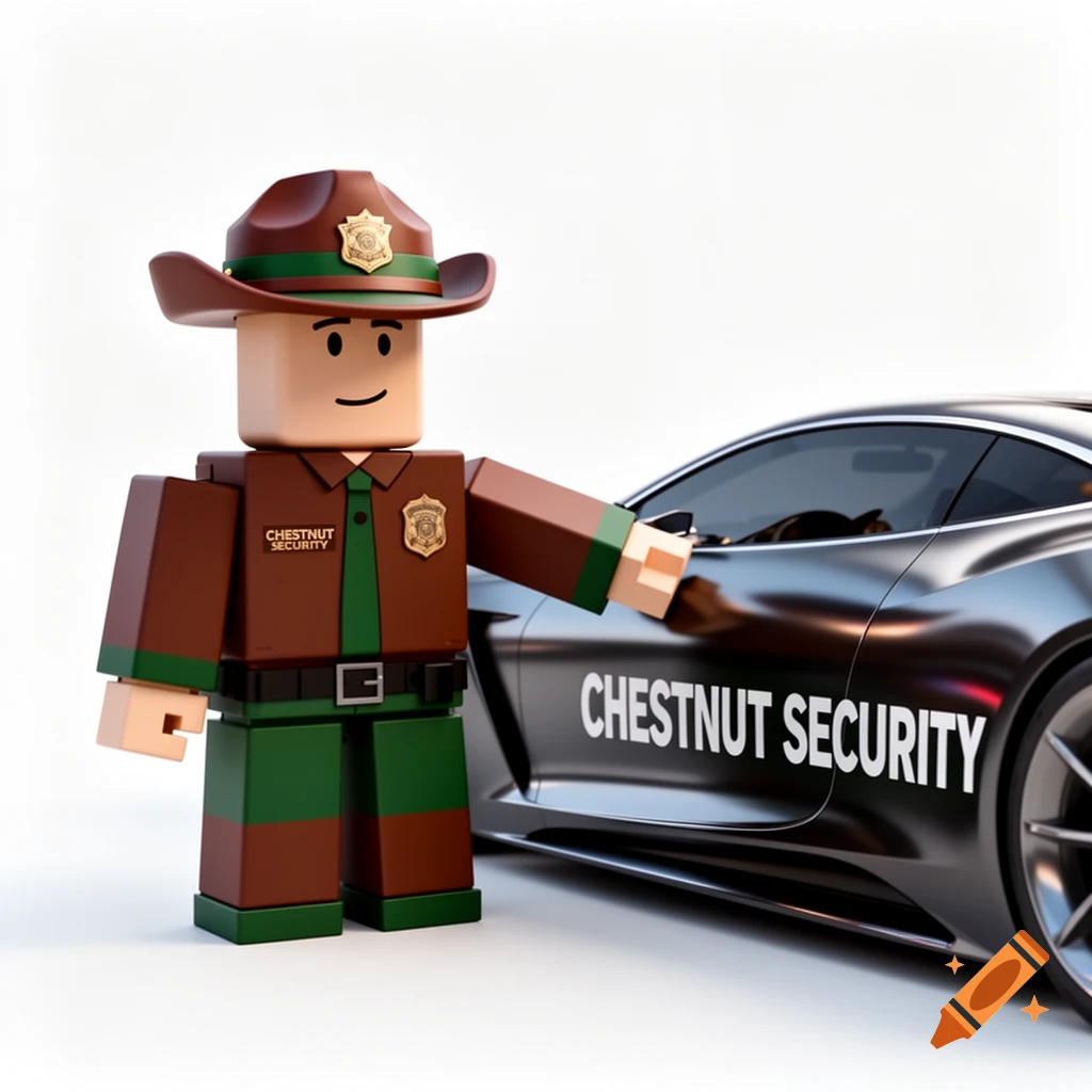 A 3D render of a Roblox-style security officer in a brown and green uniform and cowboy hat next to a black sports car labeled "CHESTNUT SECURITY".