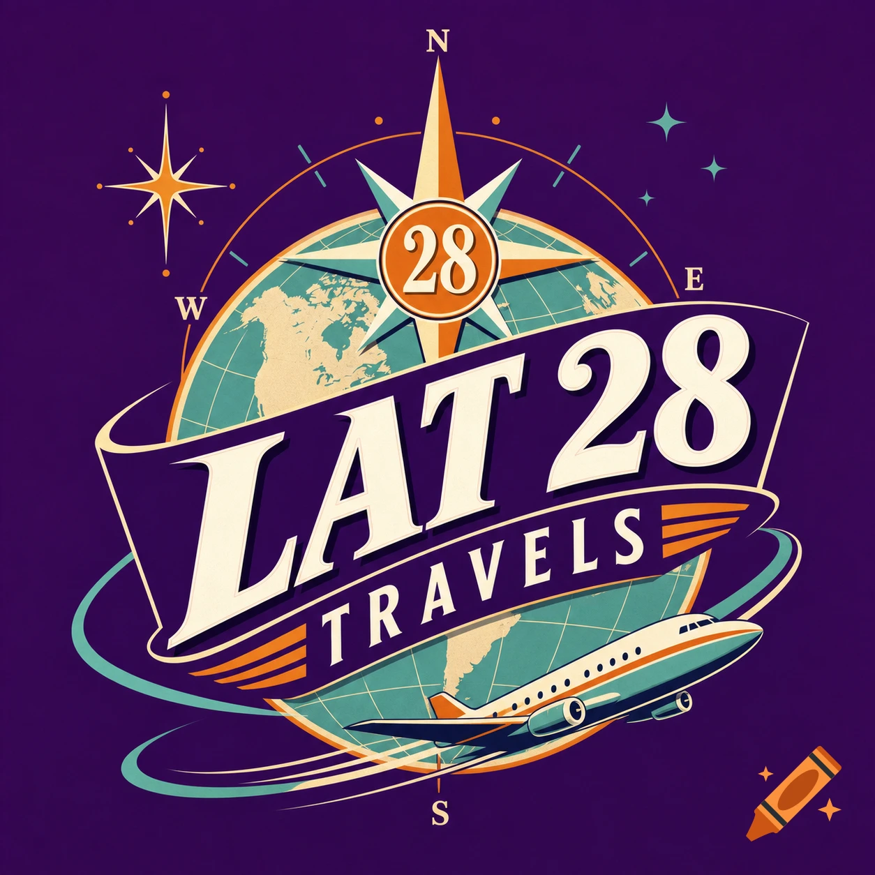 Retro style logo for LAT 28 TRAVELS featuring a globe, compass rose, and an airplane against a purple background.