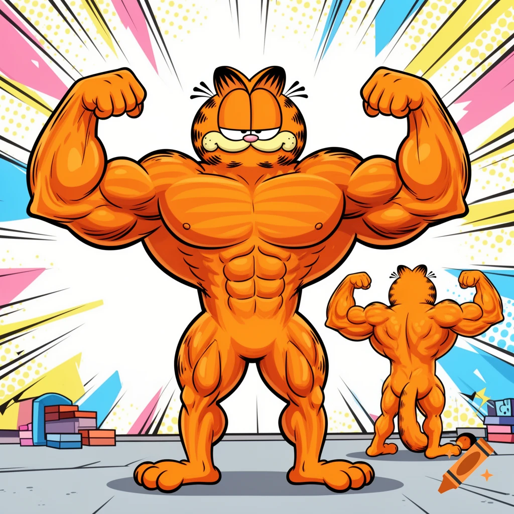 Cartoon Garfield with huge muscles flexing in a front pose, with a smaller Garfield in a back pose behind him.