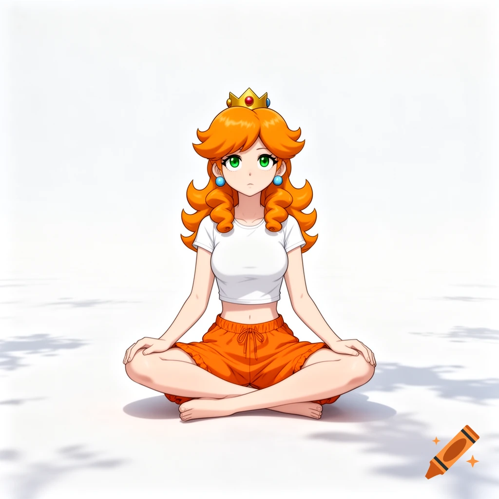 Anime illustration of Princess Daisy sitting cross-legged in a white void, wearing a white crop top and orange shorts.