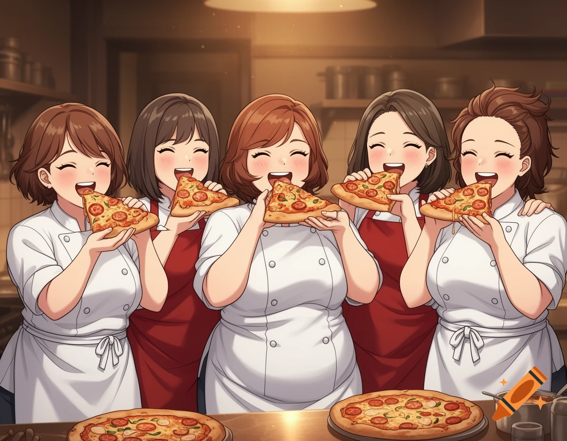 Five cheerful anime-style female chefs in white uniforms and red aprons, happily eating pizza in a warm kitchen setting.