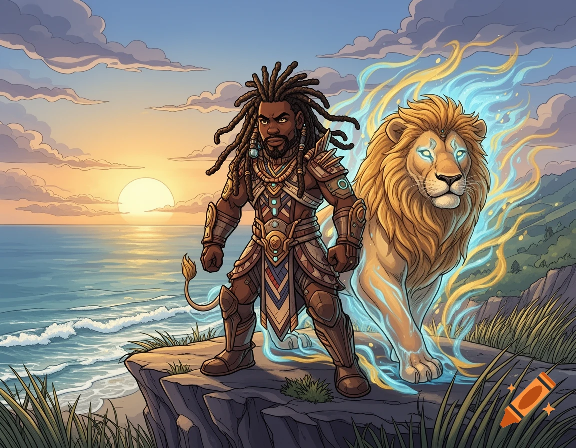 Cartoon of a Black warrior with dreadlocks and a glowing spirit lion standing on a cliff overlooking the ocean at sunset.
