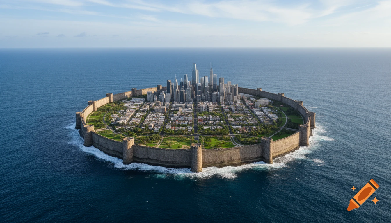 Aerial view of a modern city on a circular island, surrounded by a massive stone wall in the middle of a calm blue ocean.