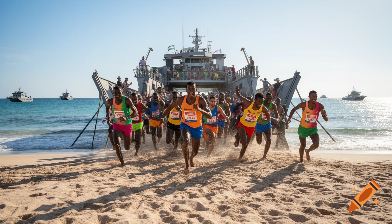 Runners in colorful athletic wear sprint from a military landing craft onto a sandy beach, with other boats in the sea under a clear sky.
