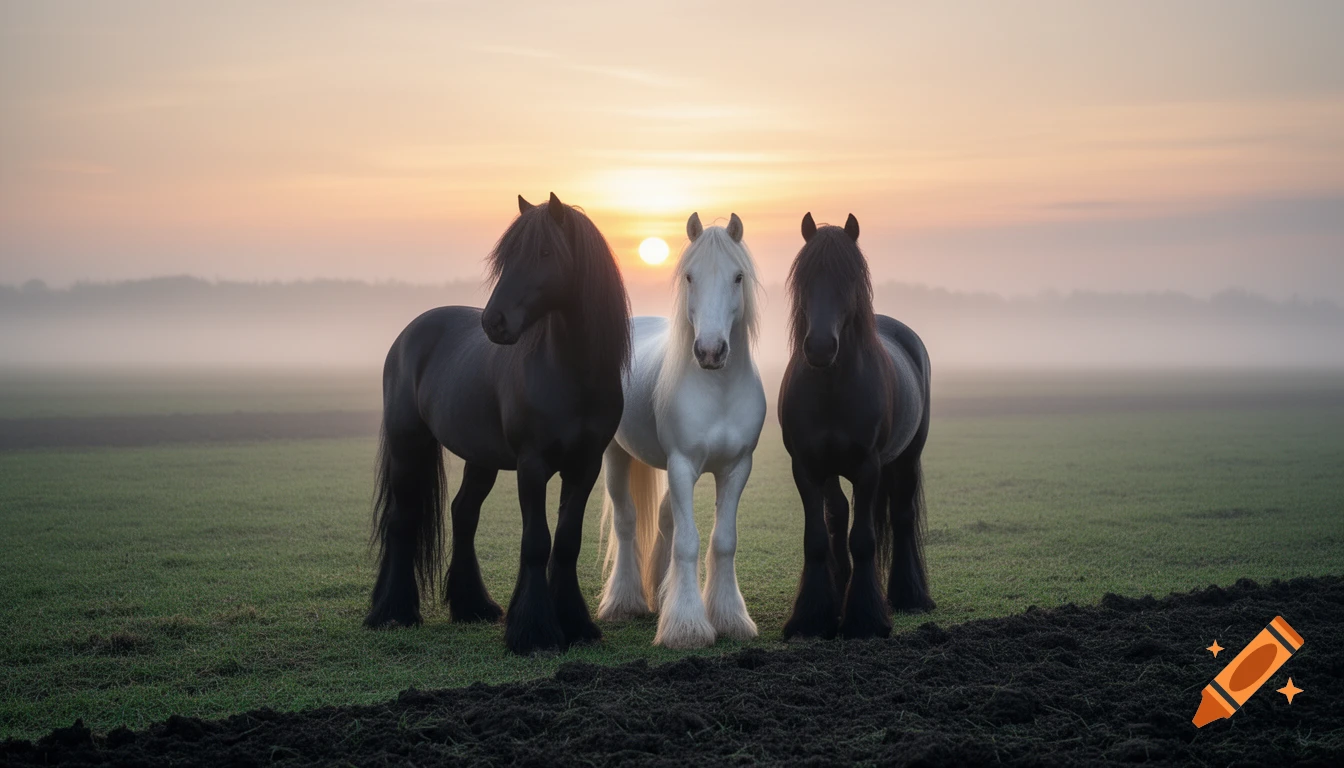 Three black and one white Gypsy Vanner horses stand in a foggy field at sunset, with golden light in the background.