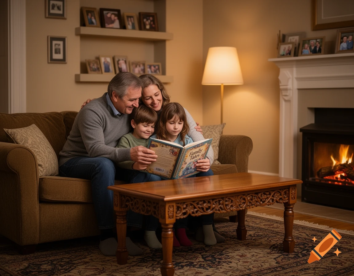 A family reads a book on a couch in a cozy living room with a fireplace, photorealistic style.