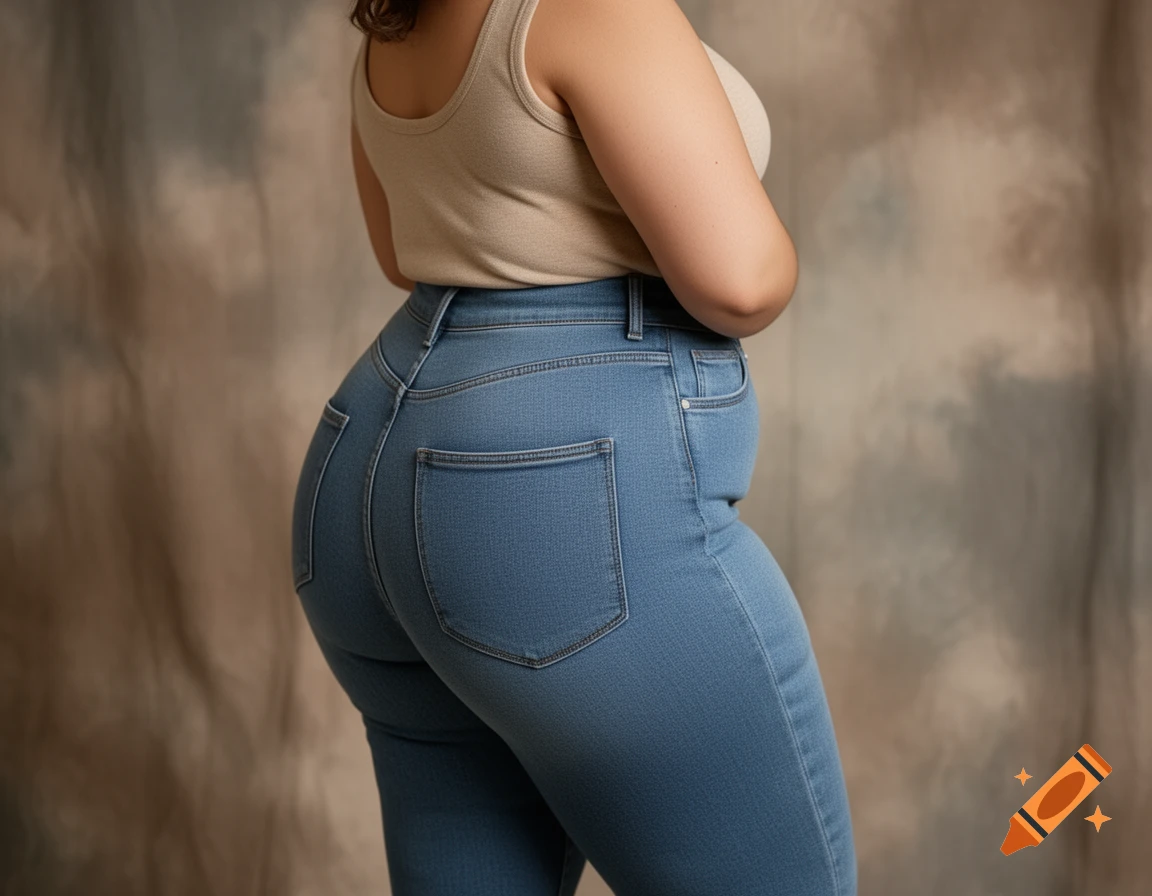 Photorealistic image of a woman from behind, wearing blue jeans and a beige tank top, showcasing her curves.