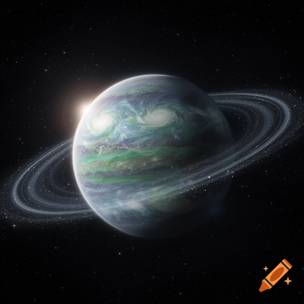 A vibrant, ringed planet with swirling green and blue clouds, illuminated by a bright star in a dark, star-filled space.