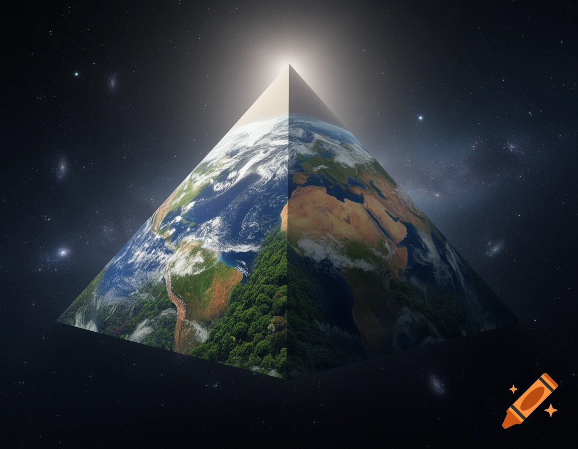 Photorealistic image of Earth shaped like a pyramid, floating in dark outer space with scattered stars and faint galaxies.