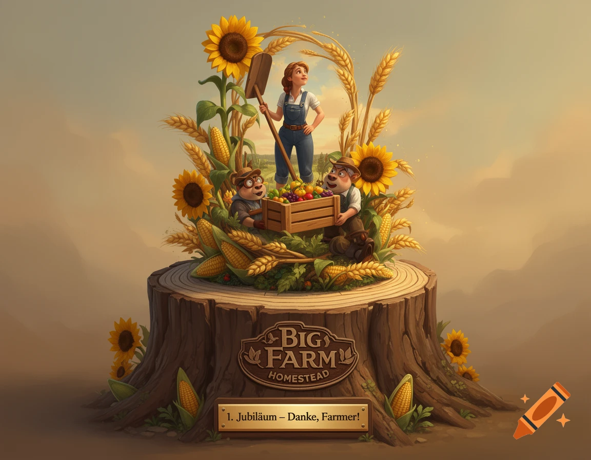 Detailed illustration of a farm statue on a tree stump with a farmer, animal characters, crops, and text 'Big Farm Homestead'.