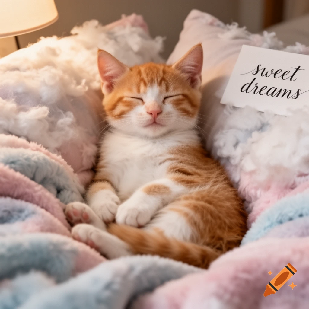 An orange and white kitten sleeps peacefully, nestled in a pastel blue and pink blanket with fluffy white material, a 'sweet dreams' note nearby.