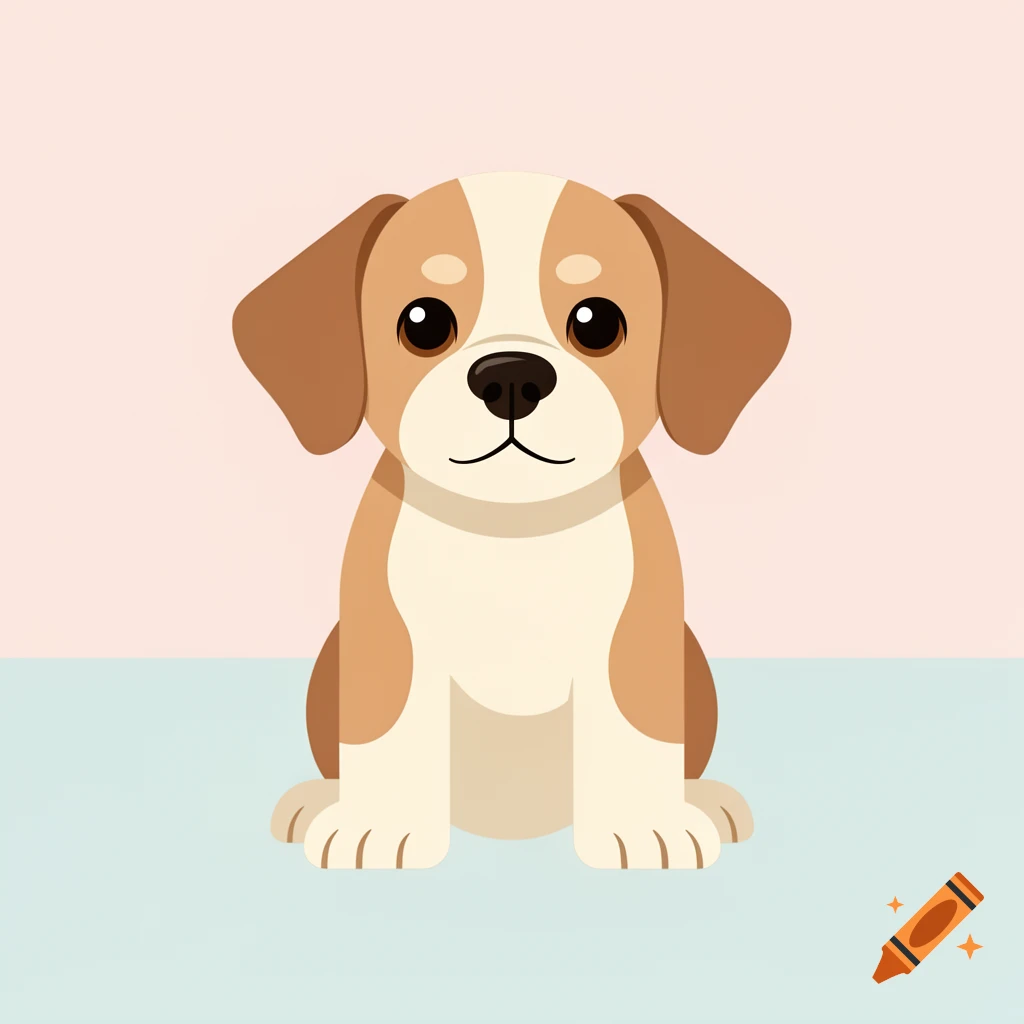 A cute brown and white puppy sits facing forward, rendered in a clean clipart style, against a pink and light blue background.