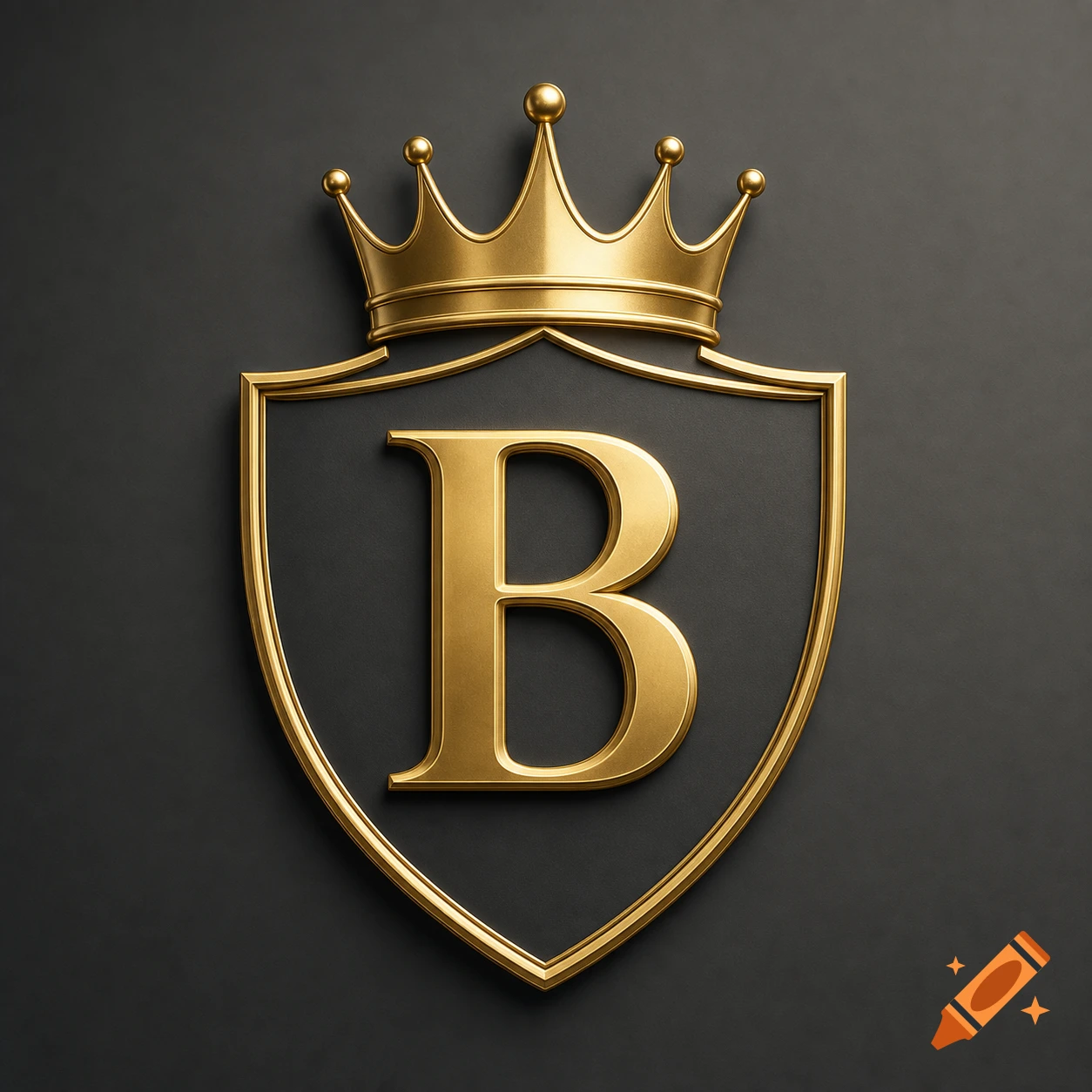 A 3D golden letter 'B' centered on a black shield, topped with a golden crown, all against a dark gray background.