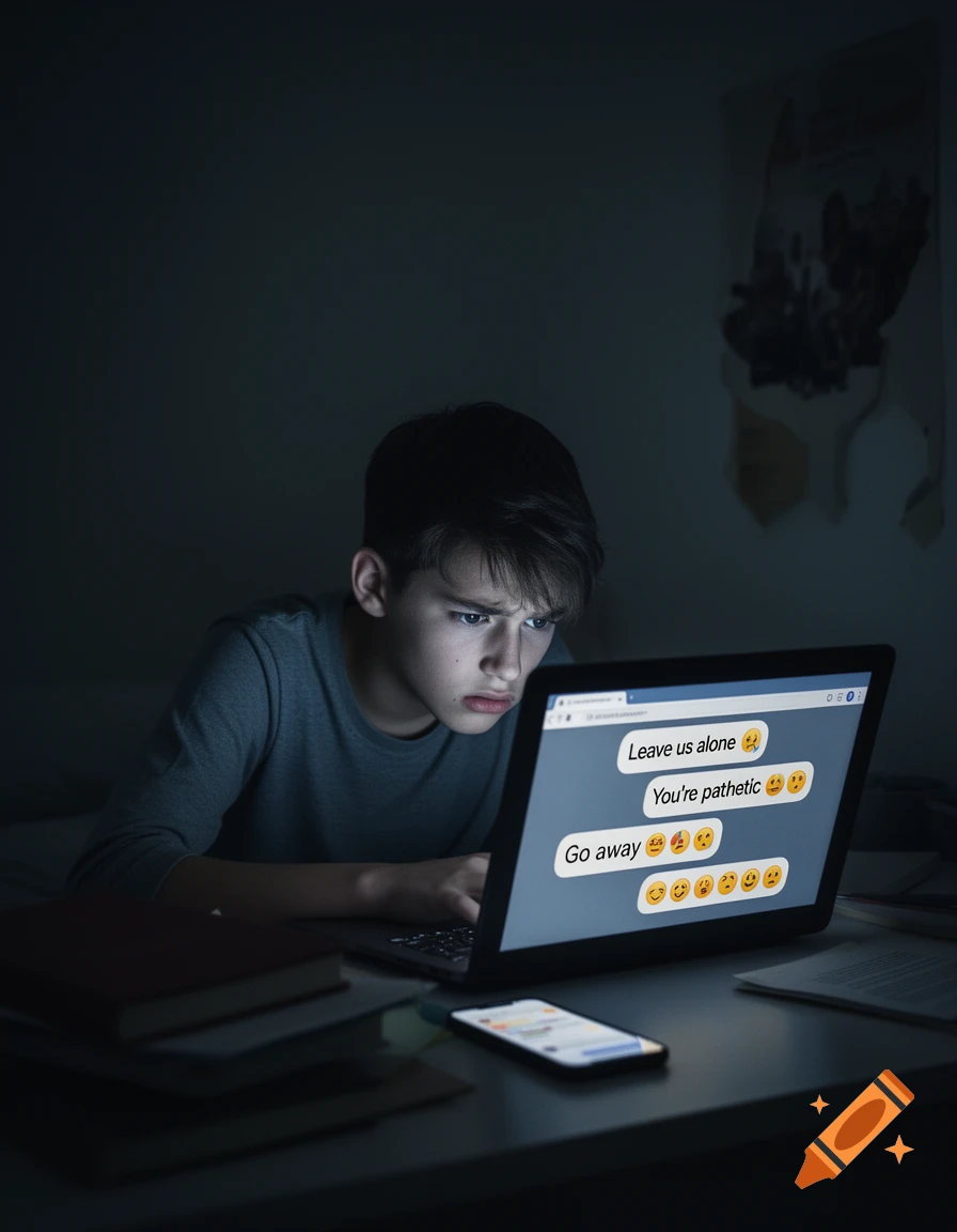 A distressed young person stares at a laptop screen showing cyberbullying messages in a dark room, illustrating cybermobbing.