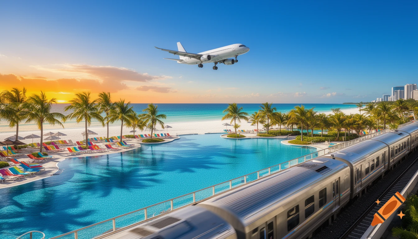 Photorealistic tropical resort with a pool, beach, palm trees, an airplane overhead, and a train running alongside at sunset.