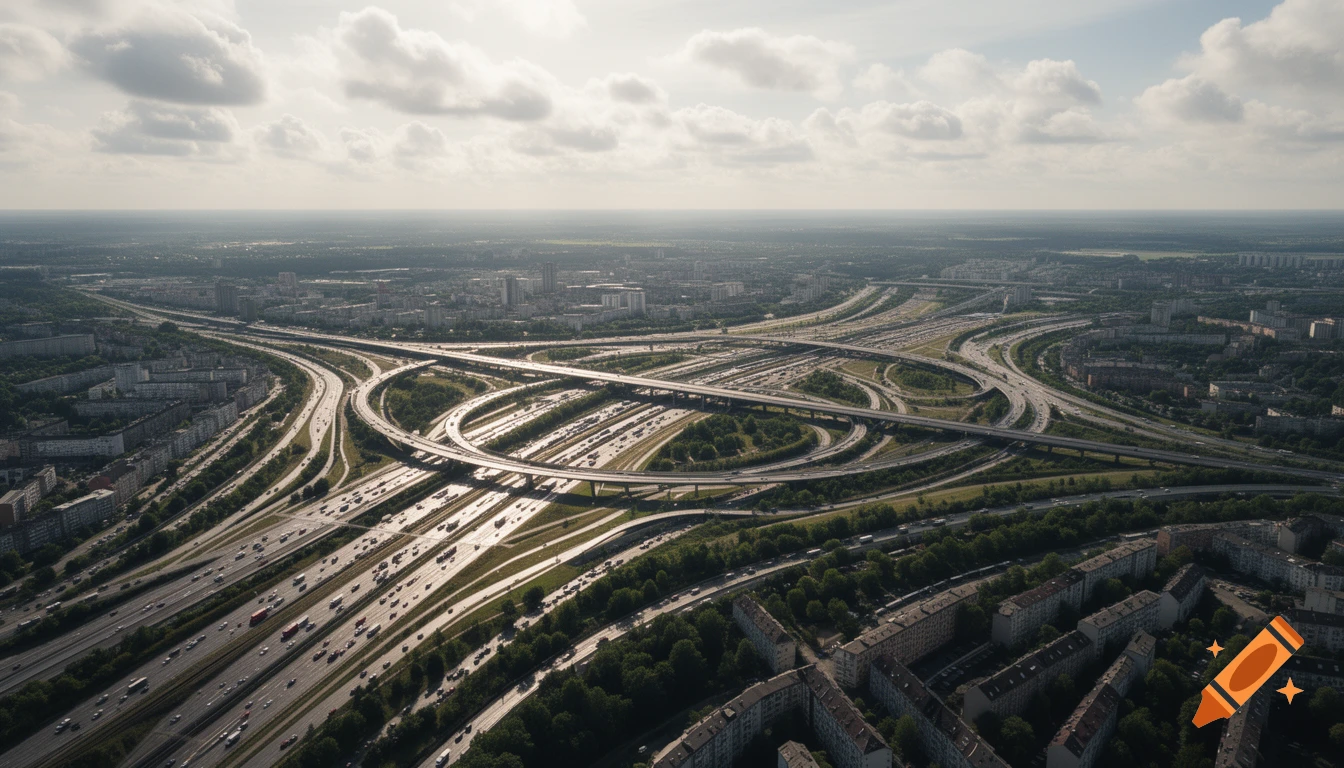 Photorealistic aerial view of a sprawling highway interchange with cars, surrounded by city buildings and green trees under a cloudy sky.