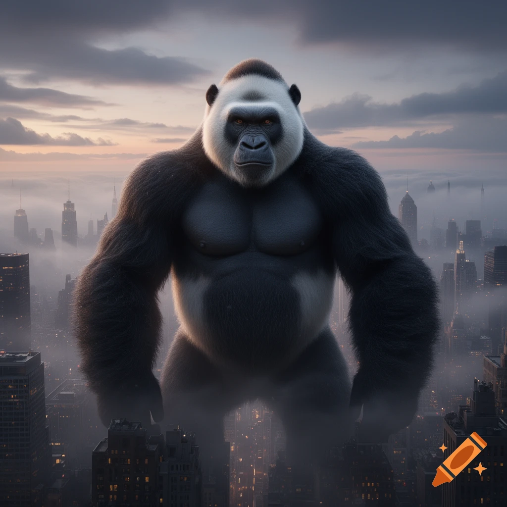 A giant, photorealistic gorilla with panda-like face markings stands overlooking a foggy city at dawn.
