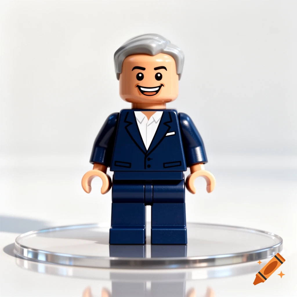 A Lego minifigure with grey hair, a smiling face, and a blue suit stands on a clear circular display.