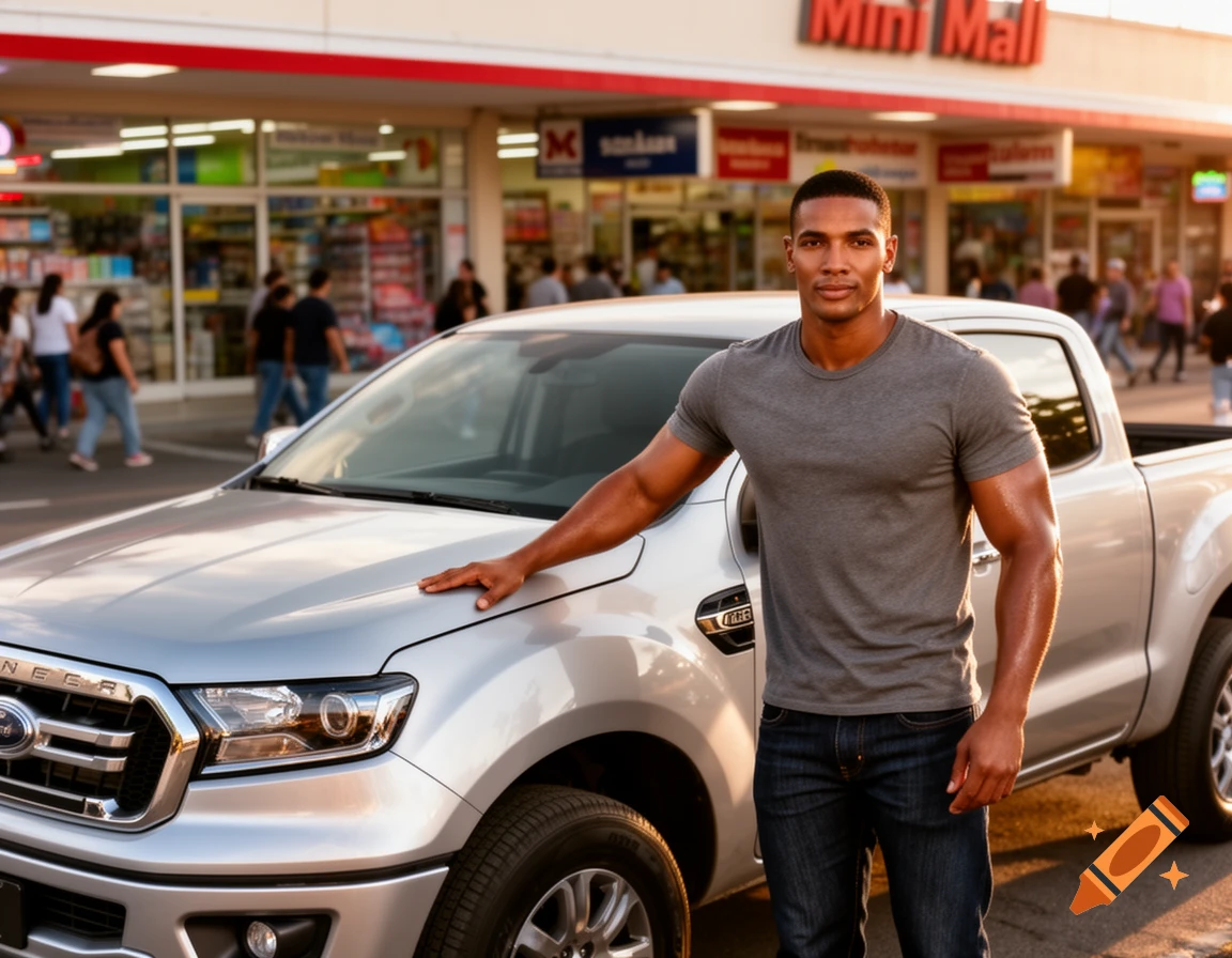 A man in a gray t-shirt and jeans stands next to a silver pickup truck in a photorealistic image, with a mini-mall behind him.