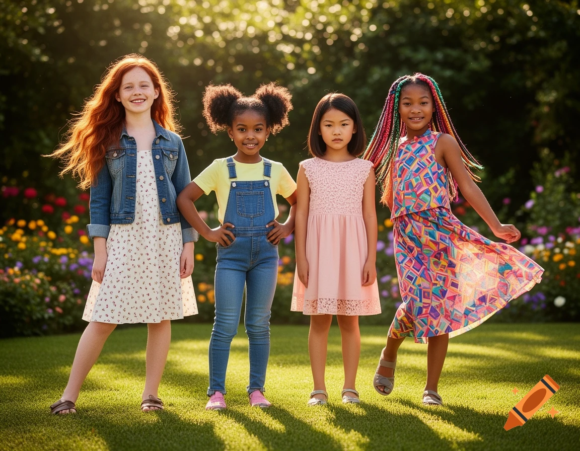 Four diverse young girls smiling and standing in a sunny garden with green grass and colorful flowers.