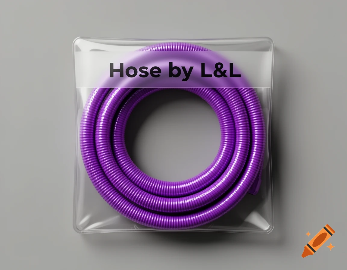 A coiled purple hose is packaged in clear plastic with a label saying 'Hose by L&L' on a gray background.
