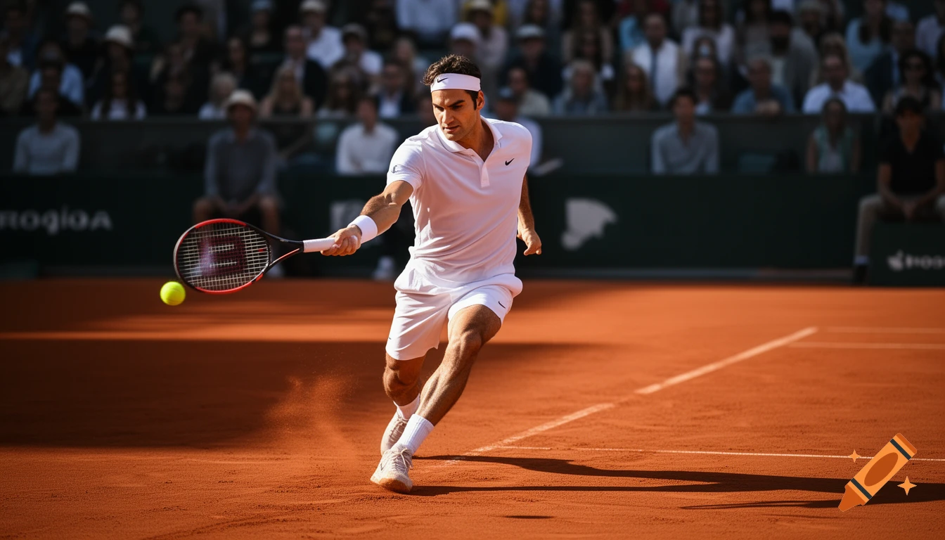 Roger Federer in action on a clay tennis court, hitting a shot with a yellow ball, in a realistic style.