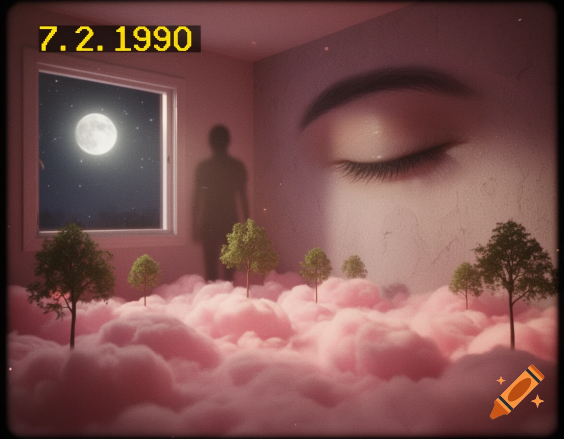 A surreal room with a giant closed eye on the wall, pink clouds, small trees, and a person's shadow on a dreamy night with a timestamp 7.2.1990.