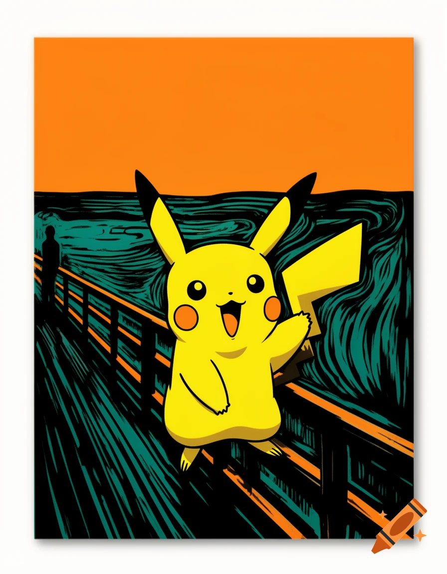 Pikachu styled as the figure in Edvard Munch's The Scream, with a vivid orange sky and a dark teal, wavy landscape, rendered in flat, high-contrast colors and bold black outlines.