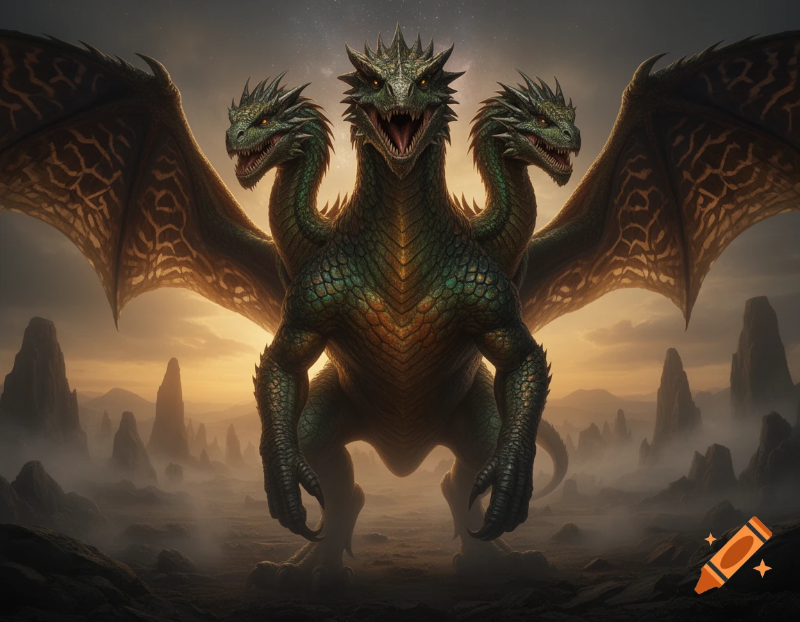 A massive green three-headed dragon monster with large wings stands in a misty, rocky landscape at sunset.