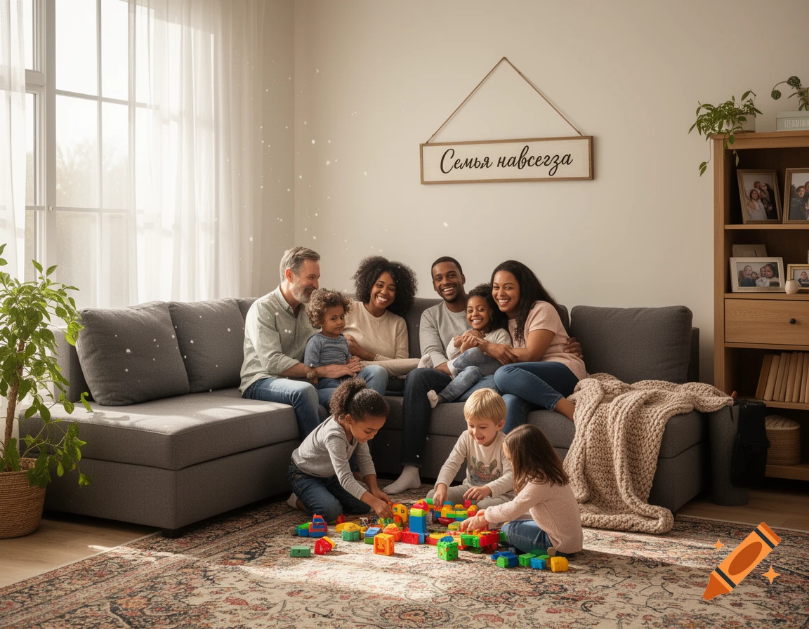 A multi-racial family of seven, including three adults and four children, happily poses in a sunlit living room. Two children play with blocks on a patterned rug, while the adults and two other children sit on a grey sofa. A sign on the wall reads "Family forever" in Russian.